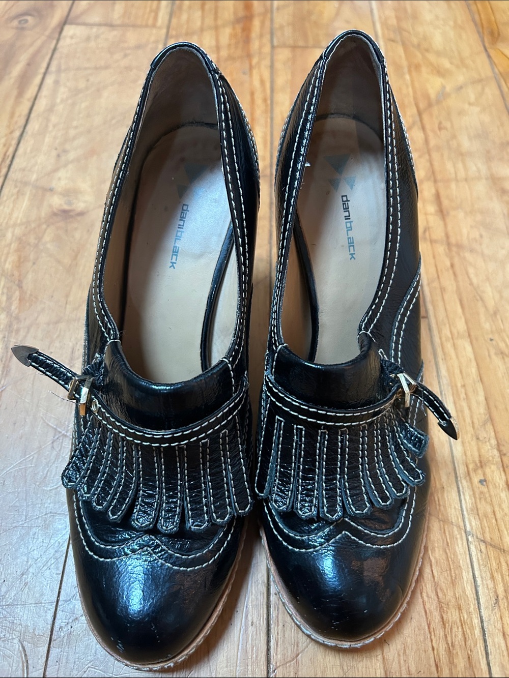 Daniblack Black Leather Fringe Heels for Women